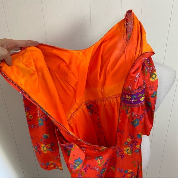 Size XS Orange Purple Vibrant Maxi Dress VTG 60s 70s Gogo Mod Boho Hippie Floral - Picture 13 of 16